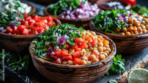 A variety of bowls filled with different types of food, including tomatoes, onions, and chickpeas. the vibrant and diverse flavors of Mexican food.