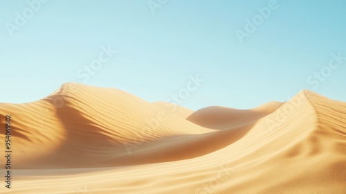 Realistic desert landscape with swirling sand, highlighting the serene beauty of the rolling dunes under a clear sky