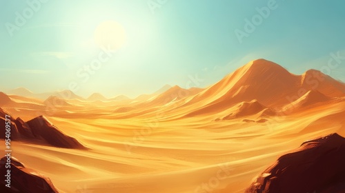 Realistic desert scene with swirling sand, highlighting the beauty of the landscape with rolling dunes under a clear sky