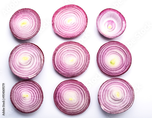 red onion slices. pattern texture background. isolated on white background