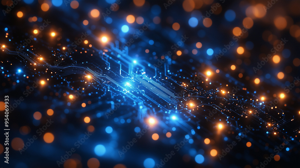 Fototapeta premium A sleek background with interconnected digital circuits glowing in blue, set against a dark, minimalistic backdrop, perfect for a technology-themed presentation.