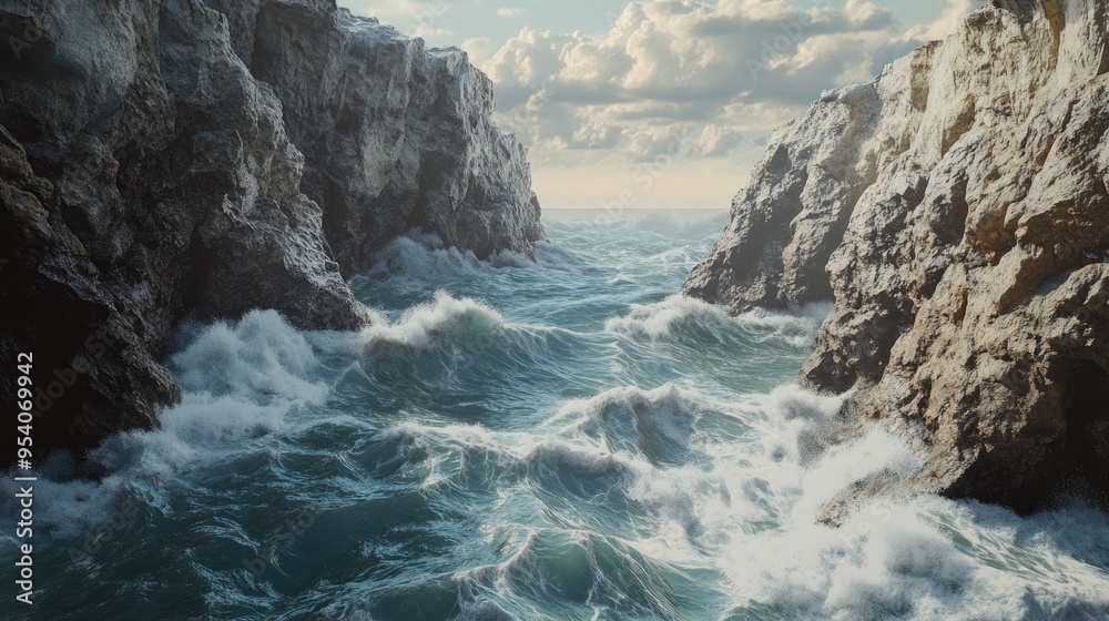 Realistic stone seashore with swirling ocean waves, set against a stunning backdrop of rocky cliffs and a serene horizon Realistic stone seashore with swirling ocean waves, set against a stunning backdrop of rocky cliffs and a serene horizon