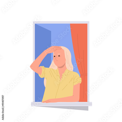 Serious woman cartoon character looking out of home window searching someone outside on street