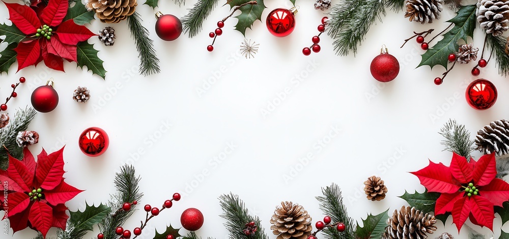 Christmas background with red poinsettia flowers, holly leaves and berries, pine cones, and Christmas decorations on a white background Christmas background with red poinsettia flowers, holly leaves and berries, pine cones, and Christmas decorations on a white background