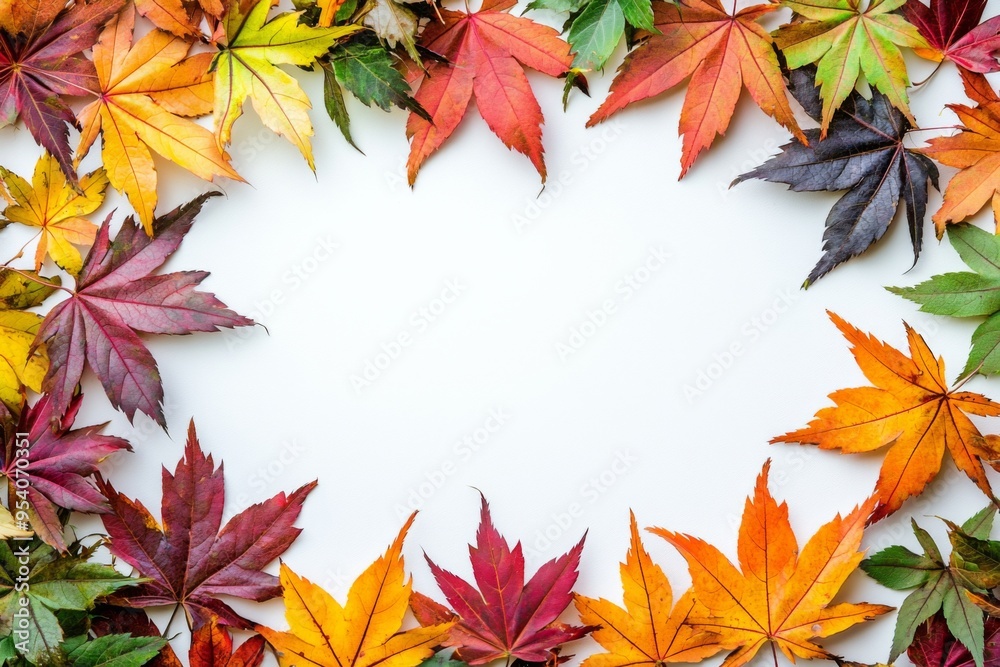 Autumn Maple Leaves Flat Lay White Background created with Generative AI Autumn Maple Leaves Flat Lay White Background created with Generative AI