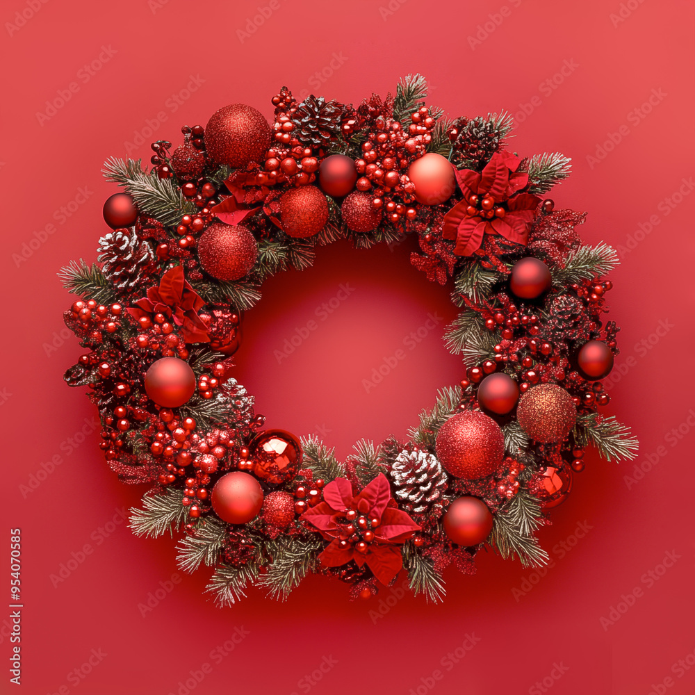 Christmas wreath with red baubles, christmas tree twigs and pine cones isolated on red background. Minimal concept of Christmas holiday decoratioration. Greeting or gift card. Christmas wreath with red baubles, christmas tree twigs and pine cones isolated on red background. Minimal concept of Christmas holiday decoratioration. Greeting or gift card.