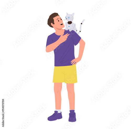 Happy young man isolated cartoon character carrying little kitten robotic pet animal on shoulder