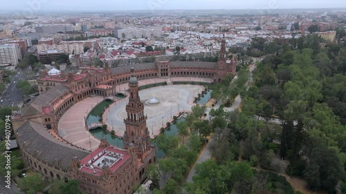 Stunning aerial view of Plaza de Espaa in Sevilla, showcasing its architectural beauty and lush surroundings photo