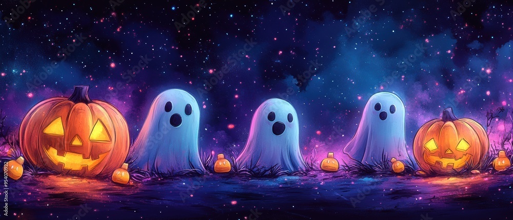 Cute Happy Halloween Seamless Pattern with Playful Ghosts, Pumpkins, and Candy Corn Cute Happy Halloween Seamless Pattern with Playful Ghosts, Pumpkins, and Candy Corn