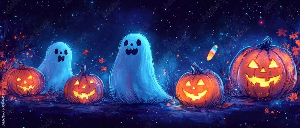 Cute Happy Halloween Seamless Pattern with Playful Ghosts, Pumpkins, and Candy Corn Cute Happy Halloween Seamless Pattern with Playful Ghosts, Pumpkins, and Candy Corn