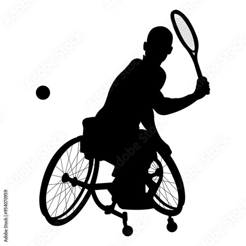 Disabled wheelchair athlete playing tennis.Tennis player with disabilities silhouette.Vector illustration.