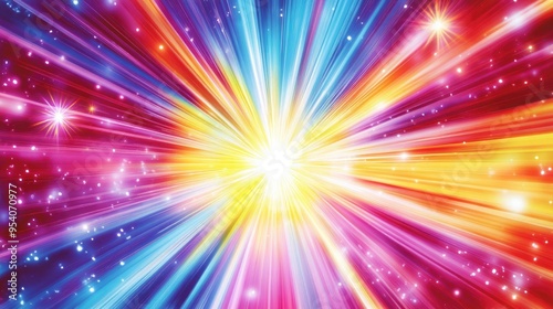Exploding star pattern in vibrant red  yellow  blue  and purple  with radiant radial lines spreading outward  enriched with a smooth gradient on white