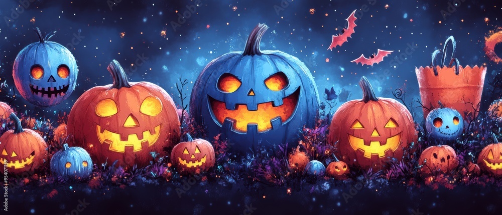 Happy Halloween Seamless Pattern with Cheerful Monsters, Jack-o'-Lanterns, and Trick-or-Treat Bags