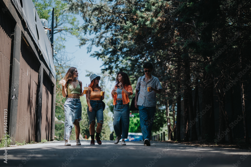 A group of young people enjoying beverages while walking through a shaded park, capturing moments of friendship and leisure on a sunny day. A group of young people enjoying beverages while walking through a shaded park, capturing moments of friendship and leisure on a sunny day.