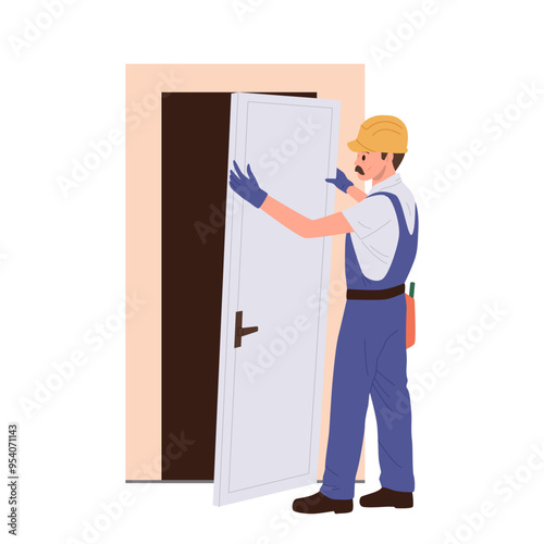 Professional builder cartoon character in uniform installing new apartment door isolated on white
