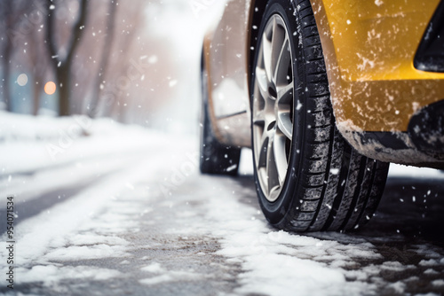 Closeup of car tires in winter on the road covered with snow