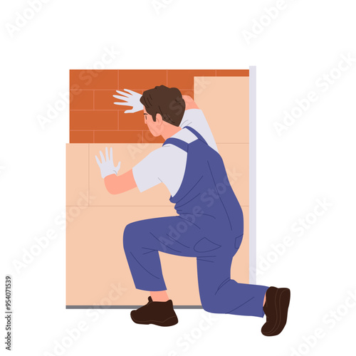 Professional builder cartoon character laying ceramic tile on brick wall isolated on white