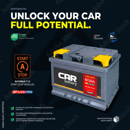 Car battery. Energy power accumulator. Auto battery type AGM. Banner. Promo action. Advertising poster.