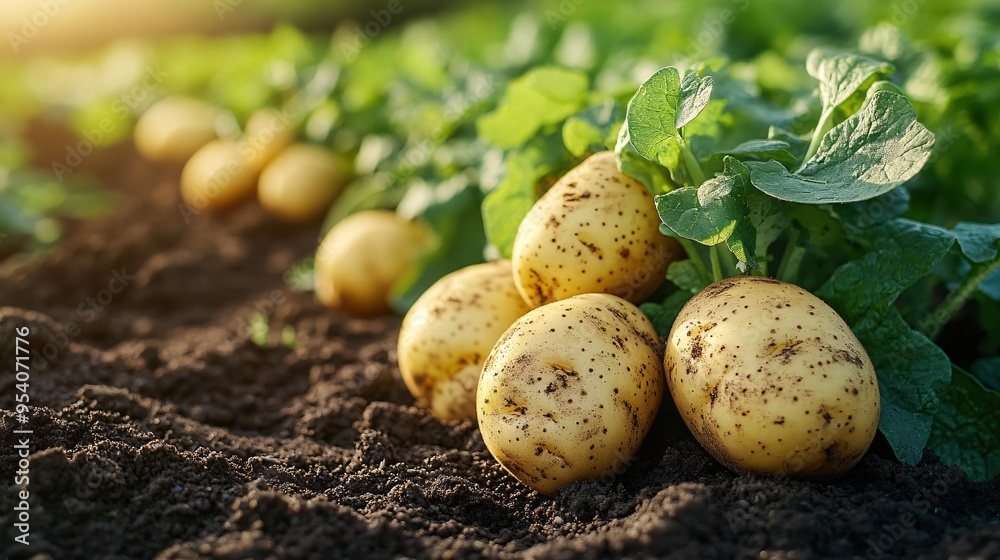Fresh organic potatoes growing in the field Fresh organic potatoes growing in the field