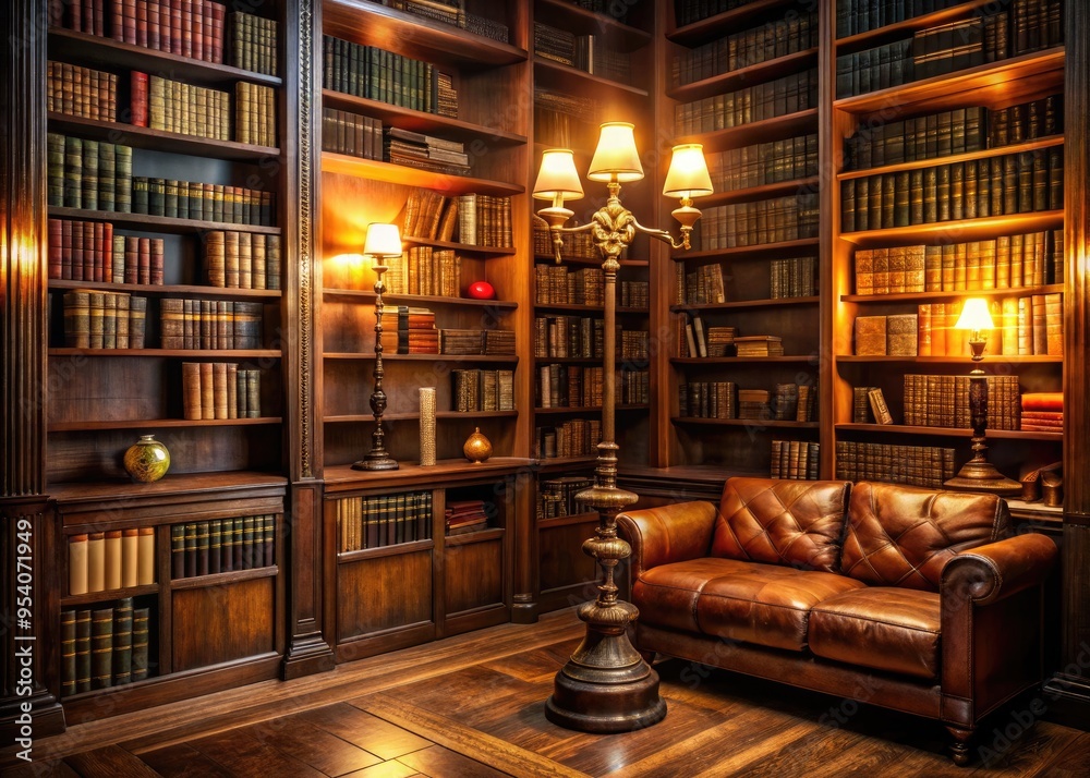 Dark wood bookcase lined with leather-bound tomes and vintage novels, warm lighting casting a cozy glow on the quiet, studious atmosphere of a classic library setting. Dark wood bookcase lined with leather-bound tomes and vintage novels, warm lighting casting a cozy glow on the quiet, studious atmosphere of a classic library setting.