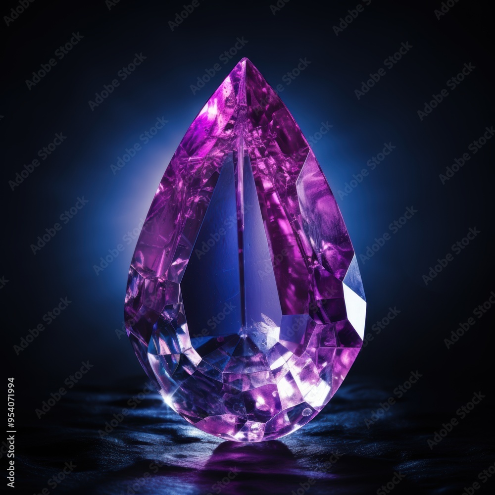 a purple teardrop shaped amethyst with shiny facets that sparkle against a dark background a purple teardrop shaped amethyst with shiny facets that sparkle against a dark background
