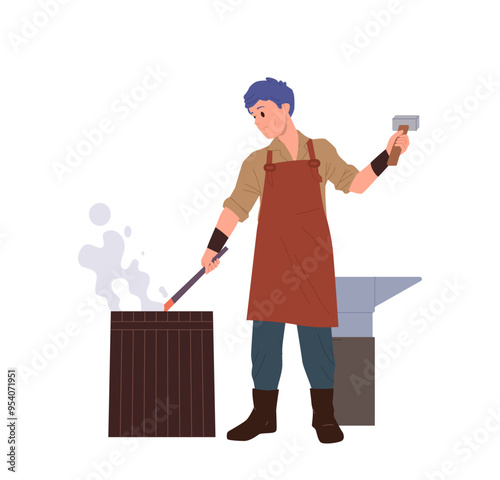 Professional blacksmith cartoon character crafting metal weapon forging steel for iron tools
