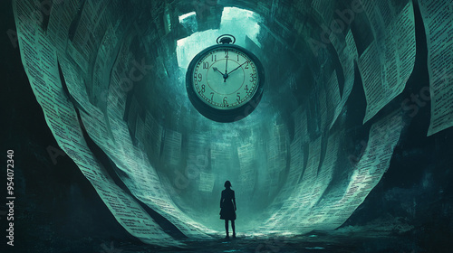 Surreal artwork symbolizing procrastination with a lone figure standing beneath a large clock in a vast, text-covered space, representing the passage of time and the burden of delayed tasks
