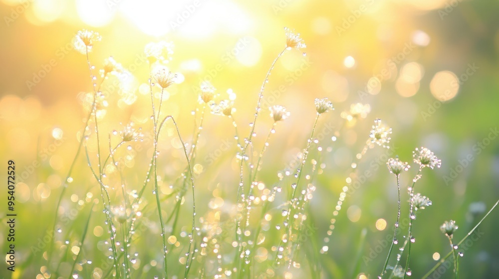 Obraz premium Morning sunlight reflecting on dew-covered grass flowers, creating a serene and sparkling scene in a naturistic setting
