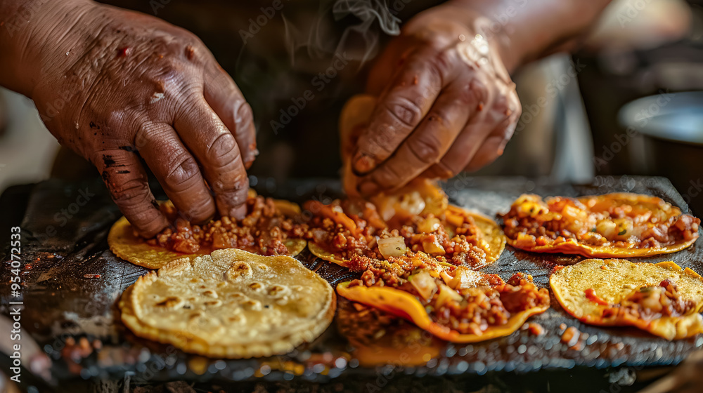 A man is making tortillas on a table. The tortillas are stacked on top of each other and are being rolled up A man is making tortillas on a table. The tortillas are stacked on top of each other and are being rolled up