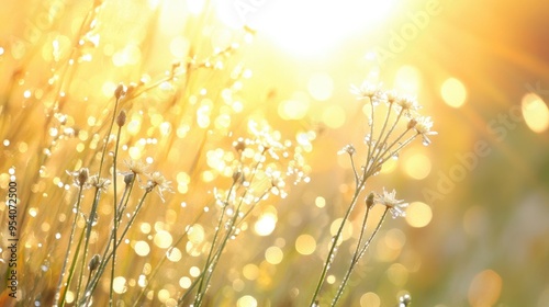 Morning sunlight on dew-covered grass flowers, creating a shimmering effect, set against a beautiful naturistic background photo