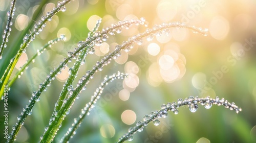 Morning sunlight reflecting on dew-covered grass flowers, creating a serene and sparkling scene in a naturistic setting photo