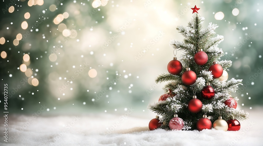 Christmas tree adorned with red ornaments, snowy backdrop, creating a blurred, bokeh-filled, festive card design, space for text, conveying a cozy, warm atmosphere Christmas tree adorned with red ornaments, snowy backdrop, creating a blurred, bokeh-filled, festive card design, space for text, conveying a cozy, warm atmosphere