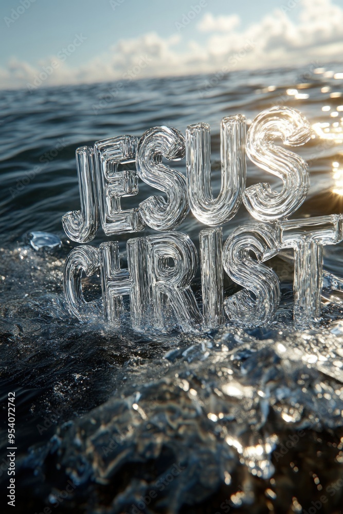 Serene Water Reflection of Glass Letters Signifying Faith and Spirituality
