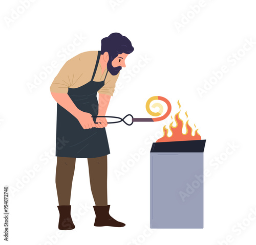Bearded blacksmith cartoon character ancient worker forging iron detail for weapon or tool