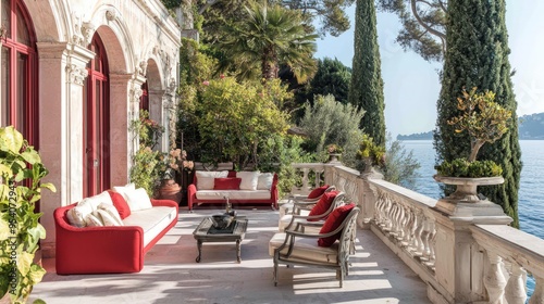 Rouge and Ivory Terrace Set Up with Cypress Trees on the French Riviera