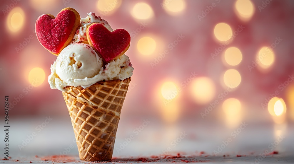 Vanilla Ice Cream Cone Topped with Heart-Shaped Cookies Vanilla Ice Cream Cone Topped with Heart-Shaped Cookies