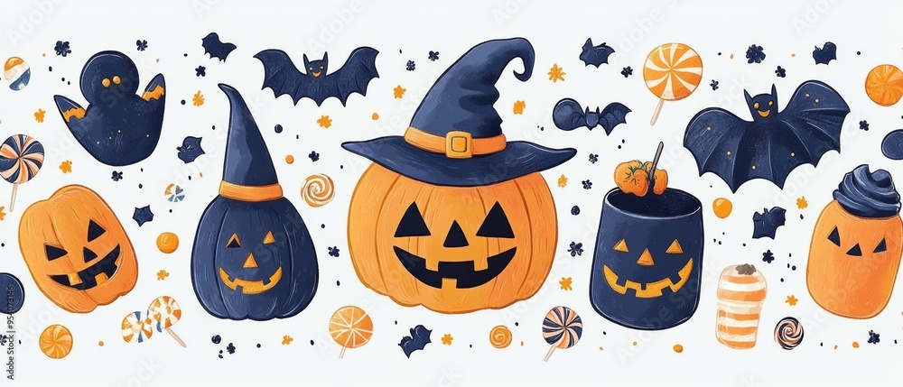 Fototapeta premium Whimsical Halloween Seamless Background with Cute Bats, Candy, and Little Witches for Kids' Prints