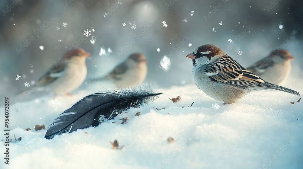 A flock of birds perched atop a mound of snow adjacent to a single feather A flock of birds perched atop a mound of snow adjacent to a single feather