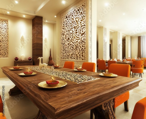 Diwali themed Indian dining with saffron chairs and a wooden carved table.