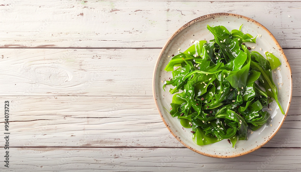 Fresh seaweed salad in plate on light wooden table Fresh seaweed salad in plate on light wooden table