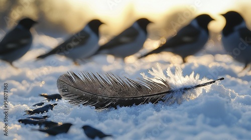  A flock of avians perched atop a mound of snow adjacent to a single quill of feathers