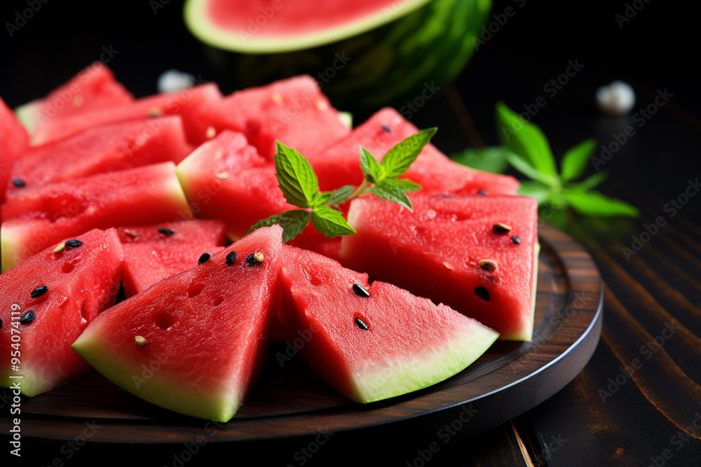 Board with pieces of fresh watermelon on black wooden table Board with pieces of fresh watermelon on black wooden table