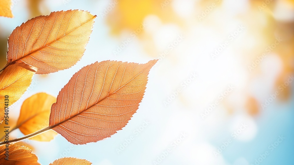 a few thin autumn leaves with visible veins, held up against a bright sunlit sky a few thin autumn leaves with visible veins, held up against a bright sunlit sky
