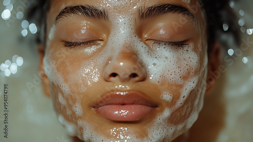 A person using a gentle exfoliating scrub, with soft, circular motions and a calm expression.