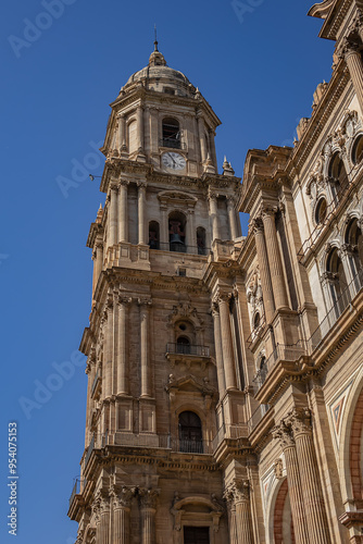 Architectural fragments of Malaga Cathedral facade. Renaissance Cathedral - Roman Catholic Church in the city of Malaga, was constructed between 1528 and 1782. Malaga, Costa del Sol, Andalusia, Spain.