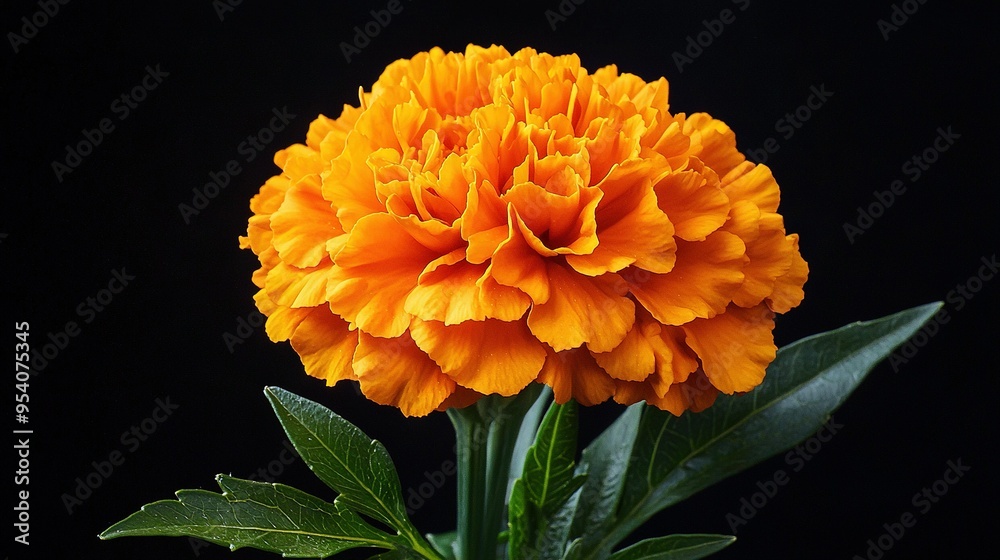A yellow flower on black background with a green leafy stem in the foreground A yellow flower on black background with a green leafy stem in the foreground