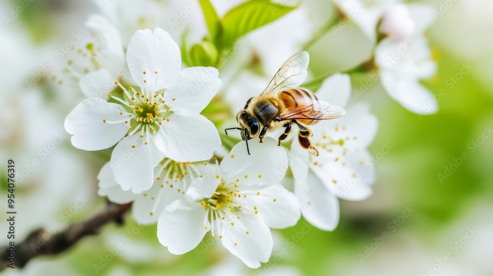 Close-up of a Honey Bee on a White Cherry Blossom Flower, Springtime Nature Photography Generative AI Close-up of a Honey Bee on a White Cherry Blossom Flower, Springtime Nature Photography Generative AI