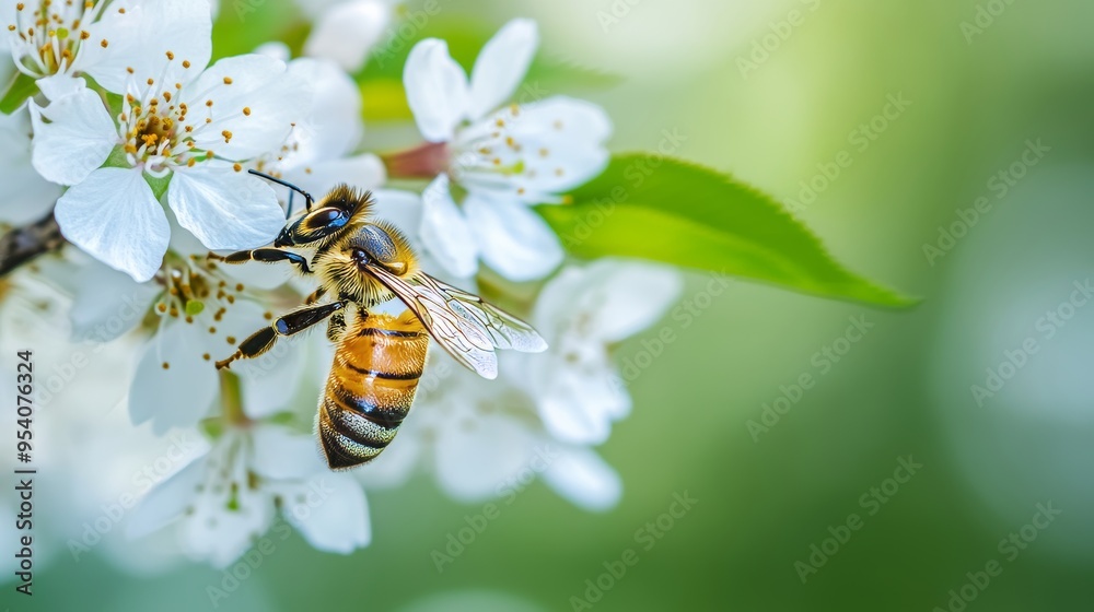 Close-up of a Honey Bee on a White Cherry Blossom Flower, Springtime Nature Photography Generative AI Close-up of a Honey Bee on a White Cherry Blossom Flower, Springtime Nature Photography Generative AI