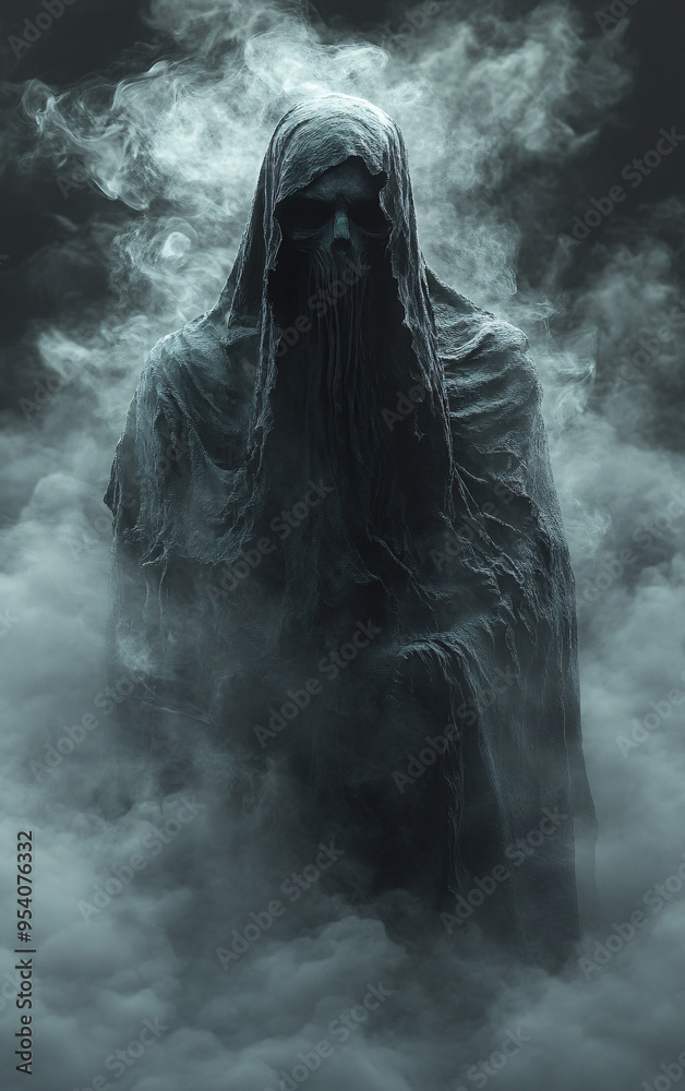 Haunting spectral figure shrouded in dark mist, resembling a skeletal specter cloaked in tattered robes, creating an ominous and eerie atmosphere Haunting spectral figure shrouded in dark mist, resembling a skeletal specter cloaked in tattered robes, creating an ominous and eerie atmosphere