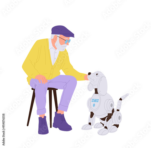 Old man cartoon character spending time with ai dog electronic friend isolated on white background